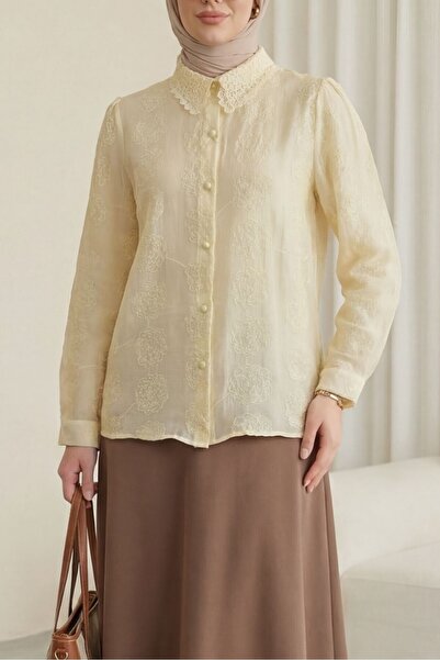 Modamorfo Buttoned Collar Lace Detailed Jacquard Shirt -Beige