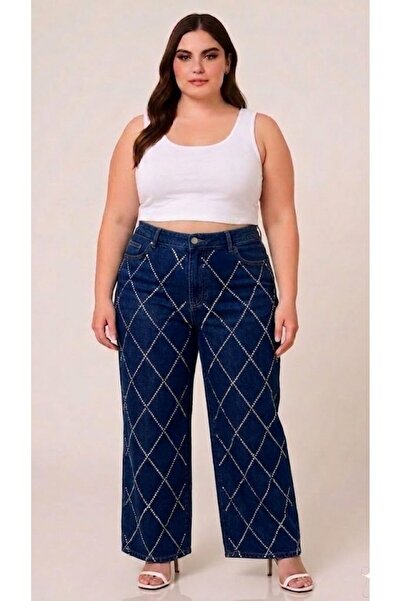FİVA JEANS Plus Size Jeans Premium Super High Waist Stretchy Diamond Stone Wi...