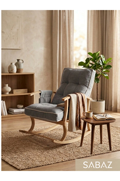 Sabaz Home İki Cepli Sallanan Sandalye, Gri Minderli Ahşap Sallanır Koltuk, R...