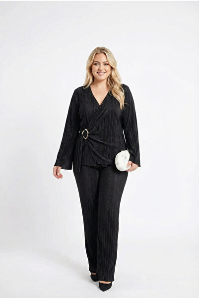 hazelin Γυναικείο μαύρο βραδινό κοστούμι με πόρπη και λεπτομέρειες, με πιέτες...