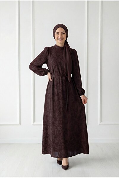 MİHRA STORE Κομψό Φόρεμα Ζακάρ με Μανίκια Μπαλόνια-PA9848 Καφέ