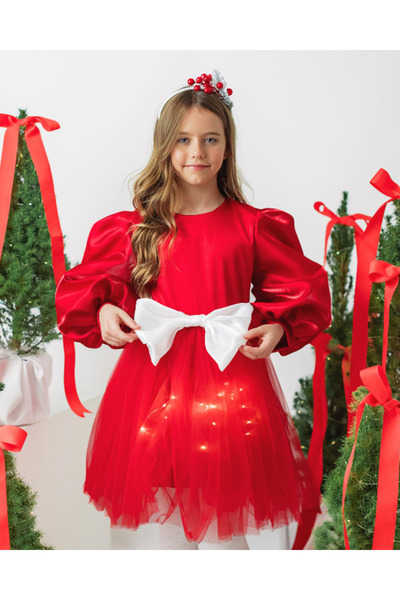 fustite cu luminite Rochie roșie luminoasă cu fundă albă, pentru Mărțișor - 1...