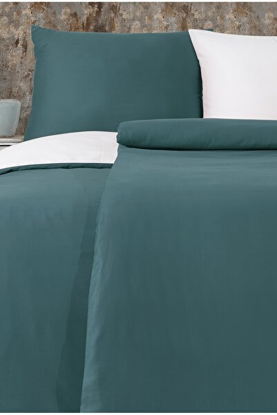 NazeninHome Σετ Παπλωματοθήκη από Σατέν 100% Βαμβάκι Μονόχρωμο Πετρόλ - Κρεμ