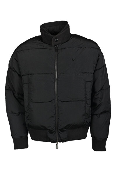 Emporio Armani Men's Logoed Winter Black Coat with Zipper Closure Pockets