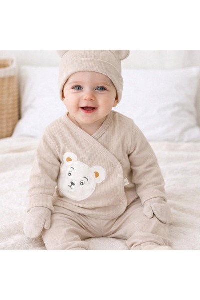 SERDE BABY Ayıcık Baskılı 5’li Set– Bej Pamuklu Bebek Takımı