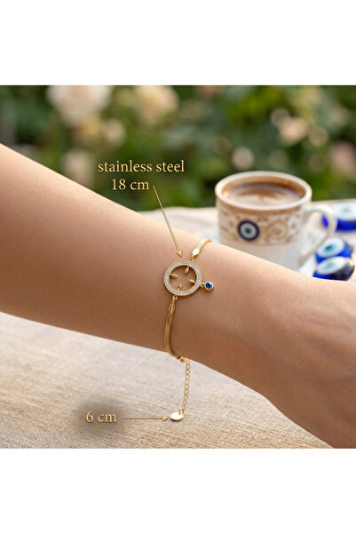 stainless steell altın renk zincirli pusula/nazar boncuğu motifli çelik bileklik