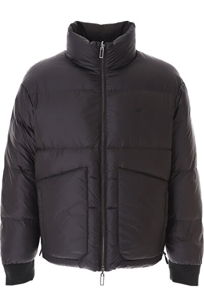 Emporio Armani Men's Woven Fabric Stand Collar Zippered Black Coat