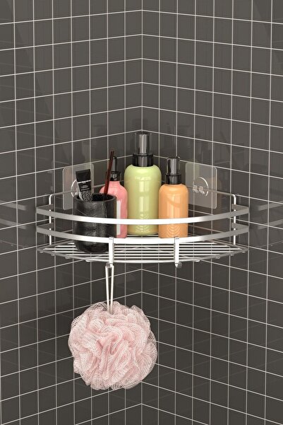 Teknotel Yapışkanlı Şampuanlık Kancalı Banyo Köşe Rafı Silver ST107H