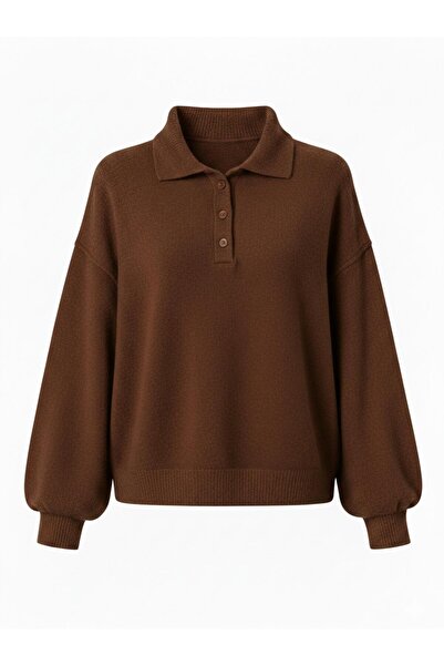 Retrobird Γυναικείο πουλόβερ με λαιμόκοψη Polo Basic καφέ