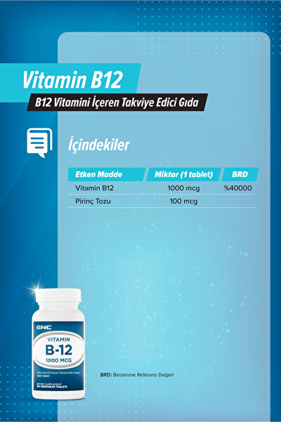 GNC GNC - Vitamin B12 1000 MCG - B12 Vitamini İçeren Takviye Edici Gıda - 100 Tablet