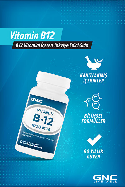 GNC GNC - Vitamin B12 1000 MCG - B12 Vitamini İçeren Takviye Edici Gıda - 100 Tablet