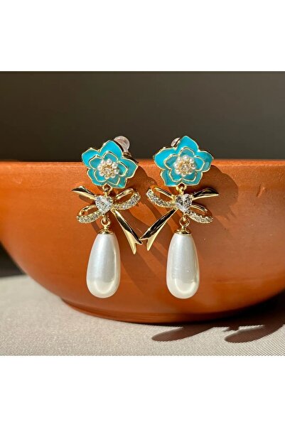Haziran Accessories, Xuping Blue Flower Ribbon Earrings with Hanging Pearls