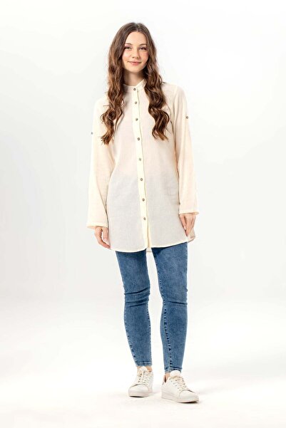 Eliş Şile Bezi Γυναικείο υφασμάτινο καλοκαιρινό τουνίκ και κρέμα γιακά δικαστή