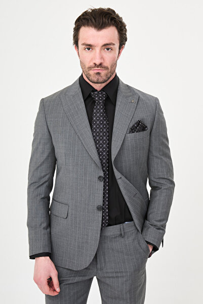 Mcr Striped Slim Fit Wide Collar Premium Wool Men's Suit Gray - 44319.26Y