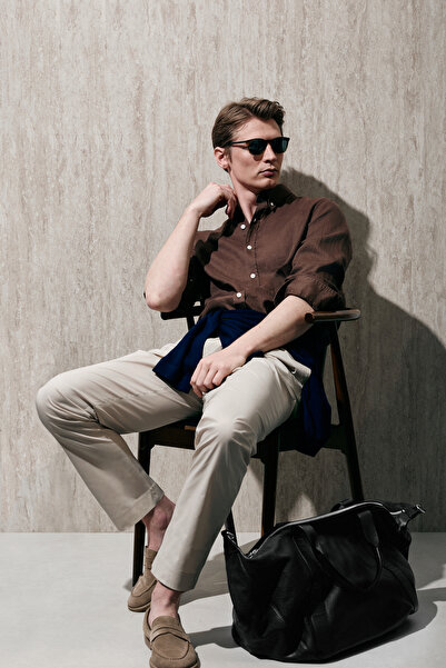 Lufian Ανδρικό πουκάμισο Pitaya Λινό Comfort Fit Σκούρο Καφέ