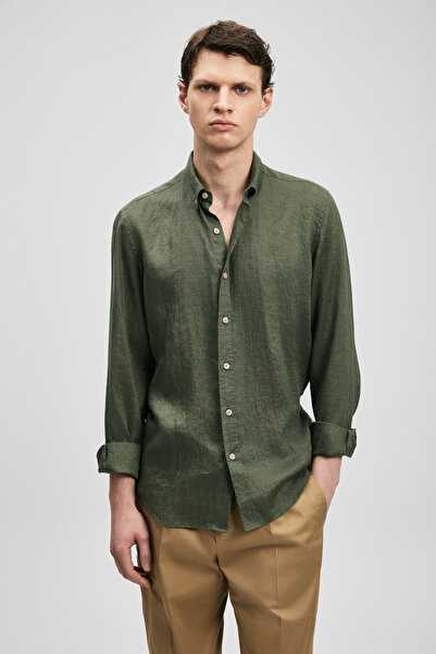 Lufian Ανδρικό λινό πουκάμισο Pitaya Comfort Fit Khaki