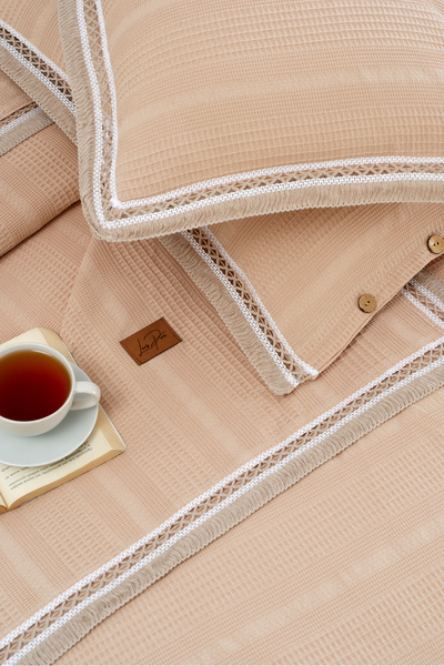 Larispera Σετ κάλυμμα κρεβατιού PIQUE με φούντες, 100% βαμβακερό, διπλό, με μ...