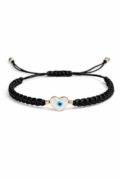 maycollection Pearl Color Enameled Little Gold Heart Black Flush Rope Design Macrame Bracelet