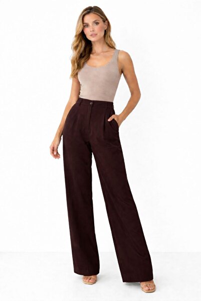 mor butik Γυναικείο καφέ υφασμάτινο παντελόνι με ψηλή μέση και φαρδιά μπατζάκ...