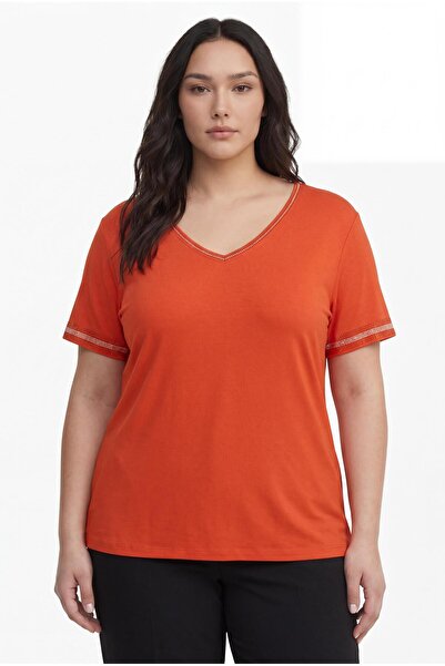 Ebsumu Γυναικεία μπλούζα με λαιμόκοψη V με λεπτομέρεια πορτοκαλί Plus Size