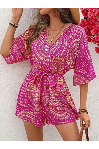 Butik Women's Short-Sleeved Double-Breasted Collared Patterned Short Single J...