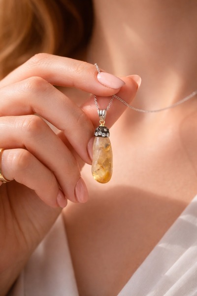 Natural Jewelleryy 925 Ayar Gümüş Para Sitrin Taşı Kolye Ucu zenginlik