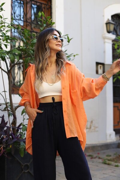 bytugcekaya Πουκάμισο από ύφασμα βισκόζης - ροδακινί τυπικό μέγεθος