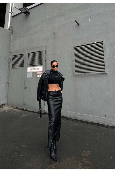 HerTon Δερμάτινη μάξι φούστα Espresso - Μακριά δερμάτινη φούστα με σχισμή και...