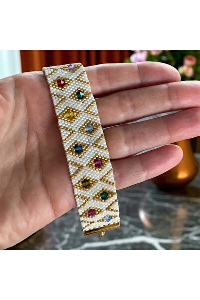 Ezera Κομψό φαρδύ βραχιόλι από χάντρες Miyuki με ένθετα κρυστάλλων Preciosa