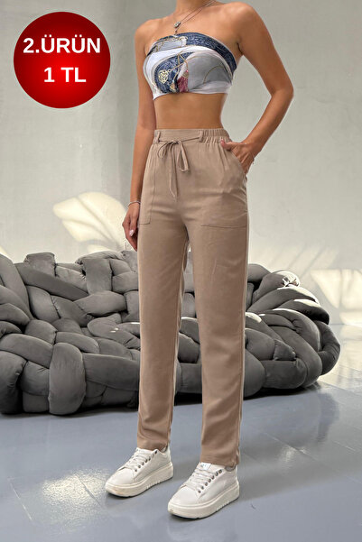 BİKELİFE Γυναικείο λινό παντελόνι με ψηλόμεσο καρότο