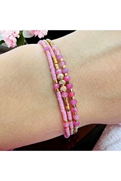 Ezera Χειροποίητο ροζ βραχιόλι 3 στρώσεων Paty με Miyuki και ροζ τουρμαλίνη μ...