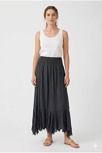 della moor Anthracite Italian Elastic Waist Skirt with Fringed Hem, Straight ...