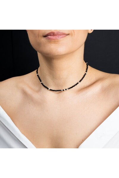 Ezera Κολιέ Τσόκερ - Μαύρες χάντρες σπινελίου με ασημένια ευρήματα 925