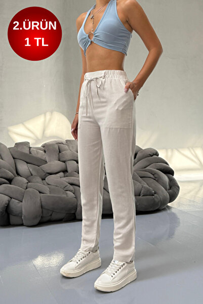 BİKELİFE Γυναικείο λινό παντελόνι με ψηλόμεσο καρότο