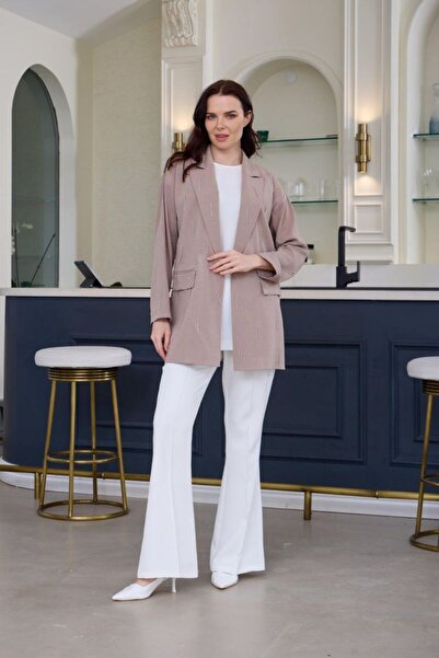 Moodbasic YENİ KADIN TAŞLI PÜSKÜLLÜ CUPRA KETEN CEKET MB04.79
