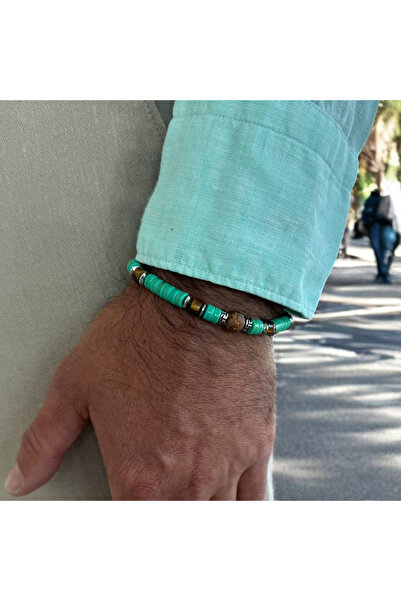 Ezera Ελαστικό βραχιόλι Zander για άνδρες με πράσινες χάντρες και μάτι τίγρης