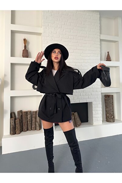 VESS MODA Γυναικεία κοντή καμπαρντίνα με λεπτομέρεια ζώνης, μαύρη