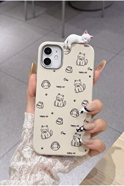 KVK PRİVACY iPhone 12 / 12 Pro 3D Uyuyan Kedi Figürlü Happy Cat Desenli Silik...