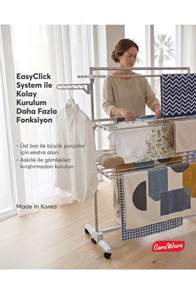 Ceraware Home S3 Premium 3 Katlı Çamaşırlık Made in Korea Tam Katlanır Tekerlekli Çamaşır Kurutmalık