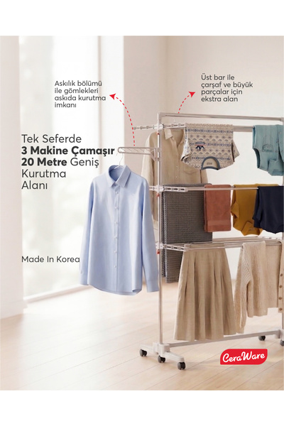 Ceraware Home S3 Premium 3 Katlı Çamaşırlık Made in Korea Tam Katlanır Tekerlekli Çamaşır Kurutmalık