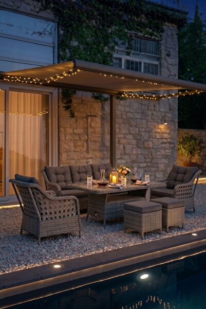 KalyonHome Garden Marsilya Rattan Bahçe Balkon Mobilyası 3+1+1+2puf ve Masa