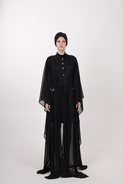 HARREL VELORA Gold Aksesuarlı Kuş Gözü Detaylı Şifon Kaftan