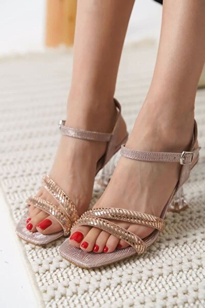 VelasBySerhat Γυναικεία ψηλοτάκουνα πέδιλα με ροζ χρυσό στολίδι TR25MY05B