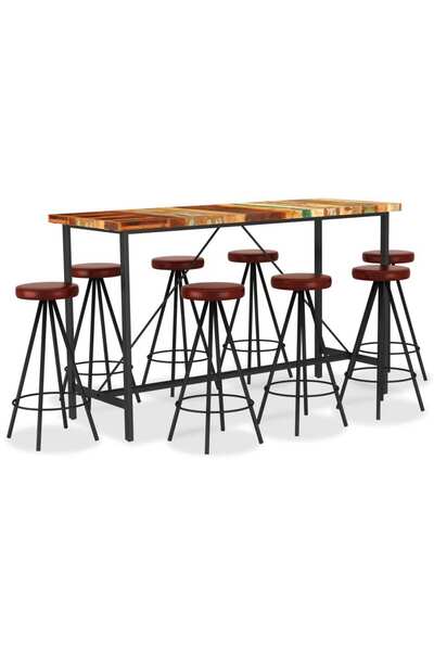 Concept Set de bar 9 piese lemn masiv reciclat și piele naturală