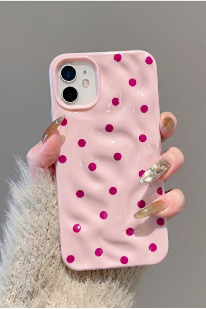 KVK PRİVACY iPhone 12 / 12 Pro Dalgalı Desenli Pembe Puantiyeli Silikon Kılıf...