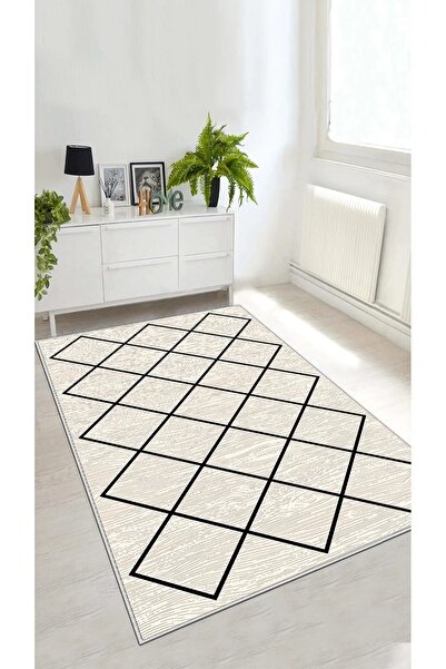 Toronto Home Dijital Kaymaz Yıkanabilir Krem Bej Geometrik Salon Halısı Mutfa...