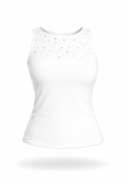 5in1Canpolat Λευκό Αθλητικό Τοπ με Λαιμόκοψη Ποδηλάτου και Πέτρες 17588