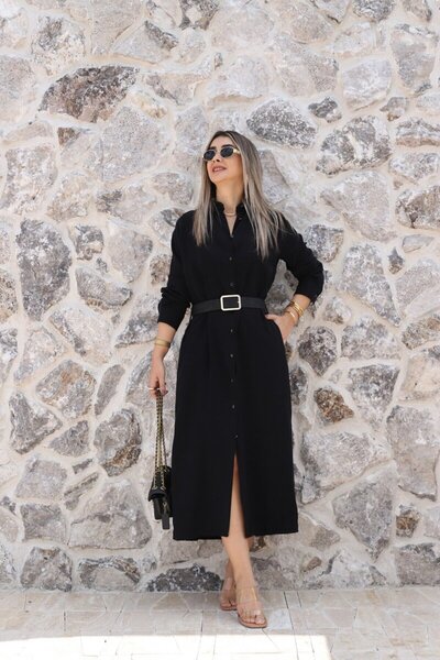 bytugcekaya Μαύρο φόρεμα από ύφασμα Modal με ζώνη από σουέντ