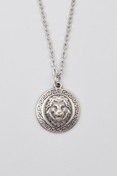 Store Kabartmalı Aslan Madalyon Kolye - Düz Ezme İthal Zincirli Unisex Gümüş ...