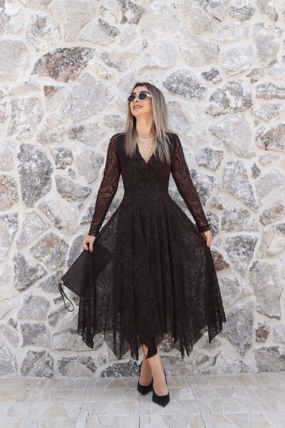 bytugcekaya Καφέ βελούδινο φόρεμα με διπλό στήθος